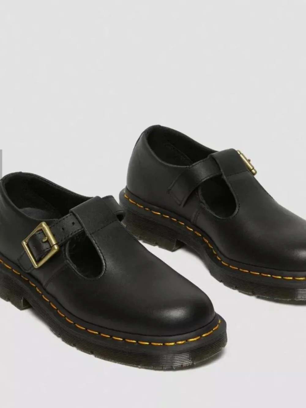 Dr. Martens Black Leather Mary Janes with Yellow Stitching